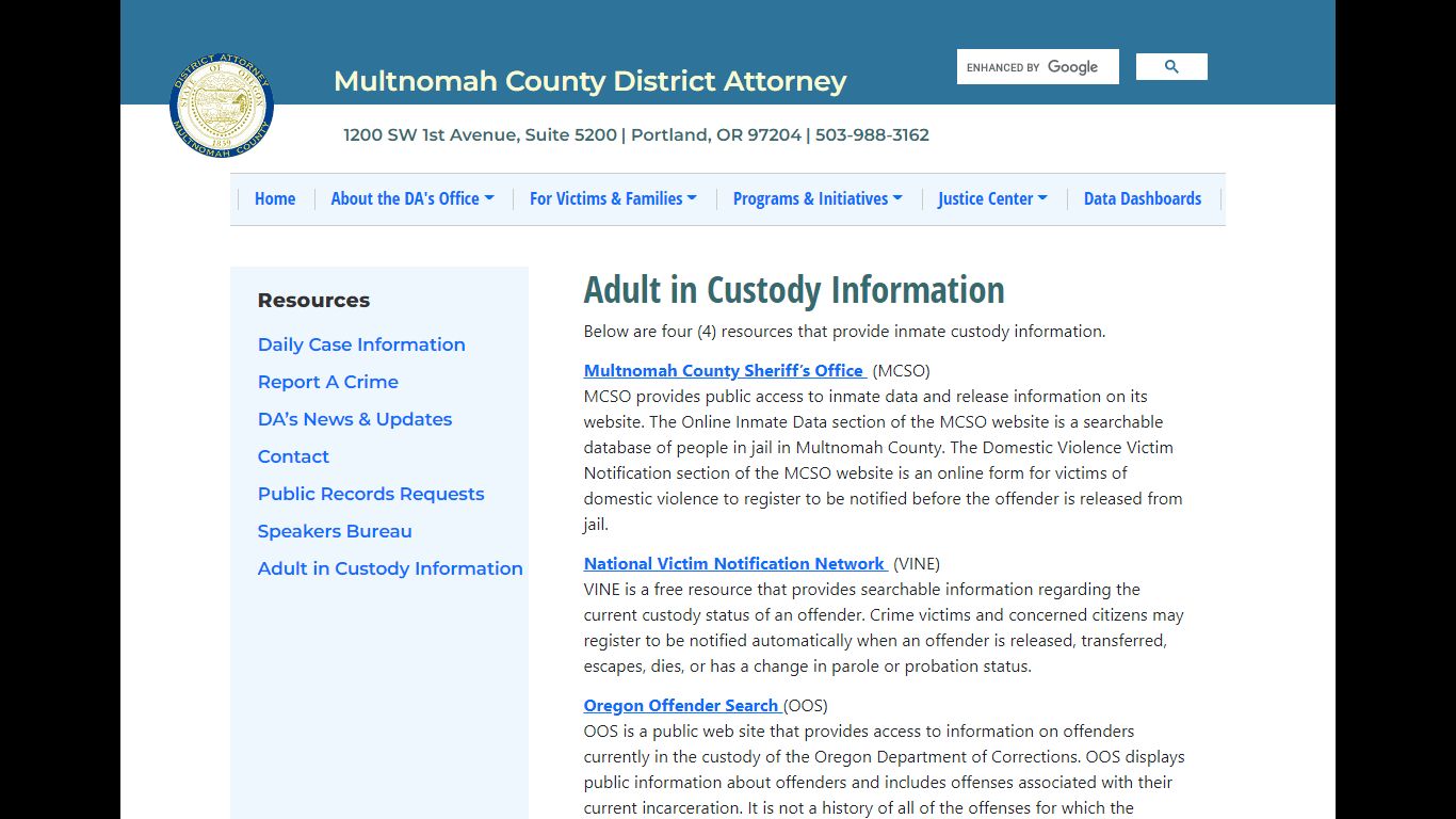 Adult in Custody Information | Multnomah County District Attorney - mcda.us